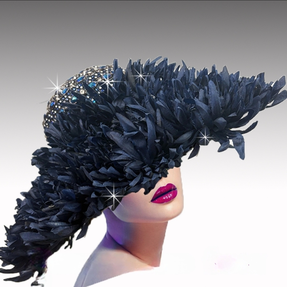 Avant Garde Extravagant Feathers Jewels Masterpiece Navy Showstopper Hat